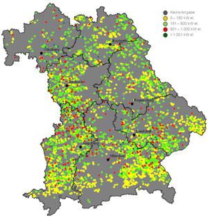 Rumliche Verteilung der landwirtschaftlichen Biogasproduktion in Bayern.